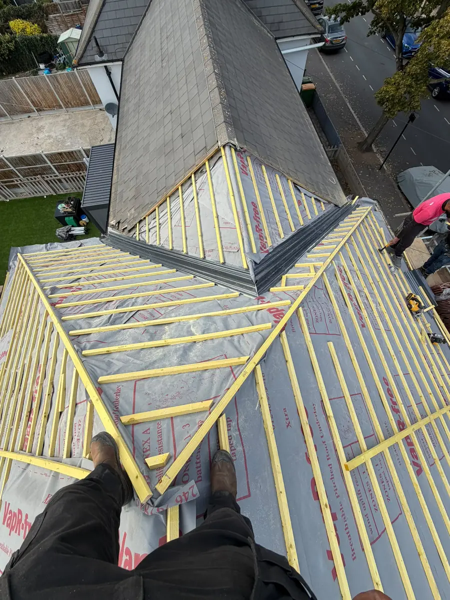 Valleys and hips set out with new battens and breathable membrane on the East Ham re-roof