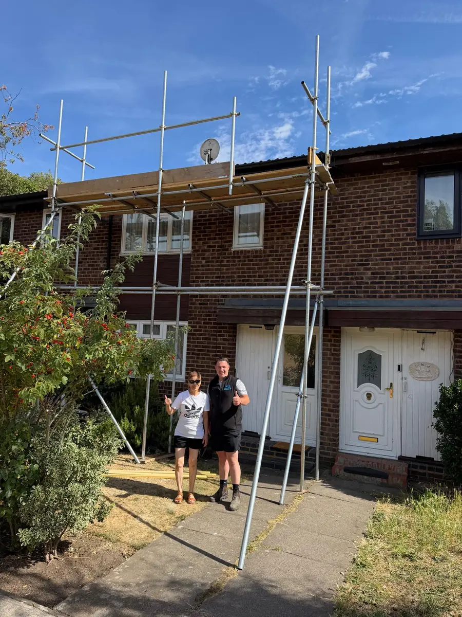 Scaffolding erected across the front of the Hampton property at the start of the re-roof